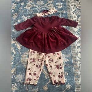 Tahari 0-3 month Burgundy and Cream Holiday Velvet dress and pants set